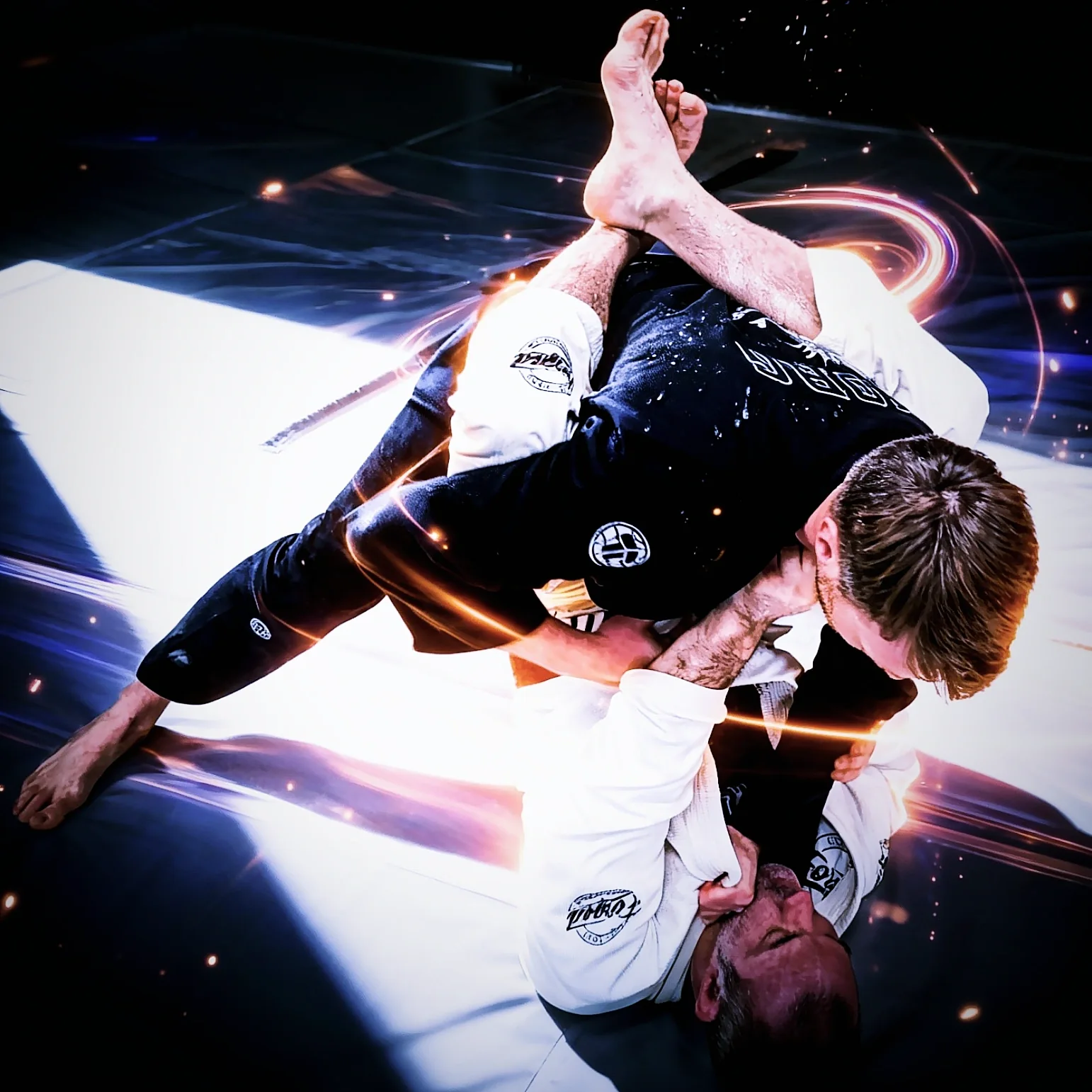 Origin athletes practising a Gi grappling exchange